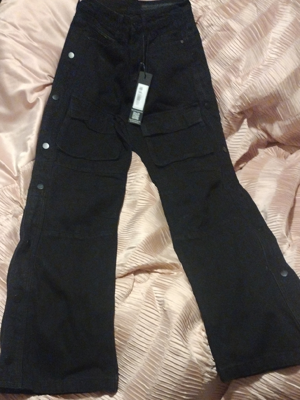 Black Wide-Leg Cargo Pants with Snap Details